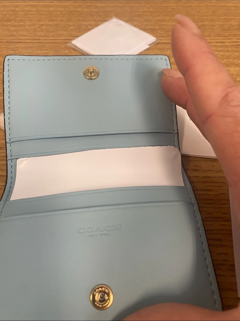Coach Light Blue Embossed Signature Card Case with Gold Hardware